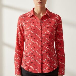 NWOT Joe Fresh Long Sleeve Button Down Blouse, Red with White Flowers